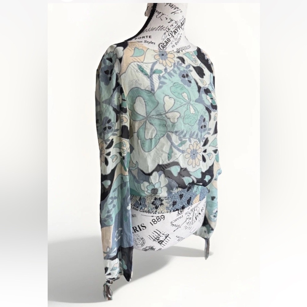 Vintage 90s Y2K DKNY Jeans Silk Mod Flower Cutout Sleeve Stretch Waist top 8